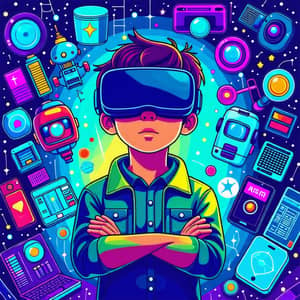 Master of Technology: Cartoonish Boy in VR Gear Surrounded by Technologies