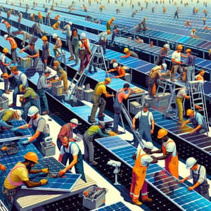 Diverse Workers in Action at Solar Farm | Energy Panel Installation