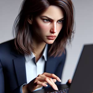 Caucasian Businesswoman in Navy Blue Suit Working on Laptop