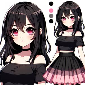 Anime Style Girl with Pink Eyes and Black Hair | Intriguing Artwork