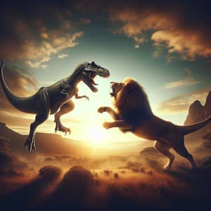 Fierce Lion vs Dinosaur Battle in Dramatic Savannah Setting