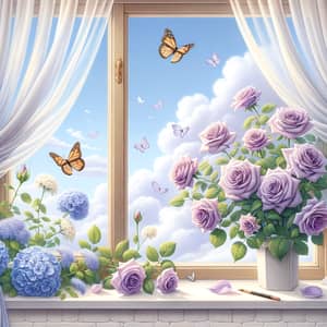 Delicate Purple Roses on Windowsill with Dancing Butterflies