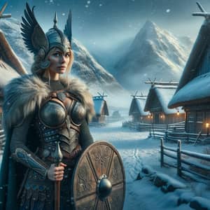 Caucasian Female Valkyrie in Snowy Nordic Village Scene