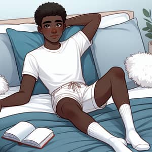 Black Teenager Relaxing on Bed | Soft Blue Blanket & Book