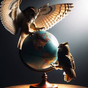 Owl Landing on Earth Globe | Majestic Wood Stand