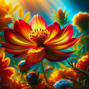 Vibrant Flower in Full Bloom: Vivid Colors and Golden Stamen