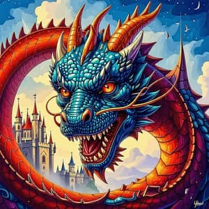 Vibrant Mythical Dragon Painting | Fantasy Castle Art