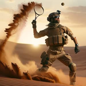 Middle-Eastern Soldier Swings Tennis Racket in Desert Setting