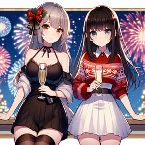 New Year's Anime Style Girls with Champagne and Fireworks