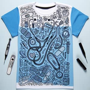 White and Blue Medical Tools Doodle T-Shirt | Casual & Playful Design