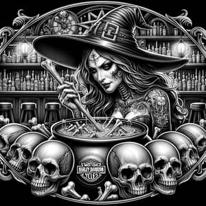 Beautiful Witch Stirring Cauldron with Harley Davidson Bar Design