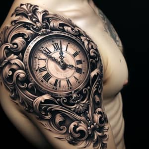 Intricately Designed Timepiece Tattoo with Baroque Elements