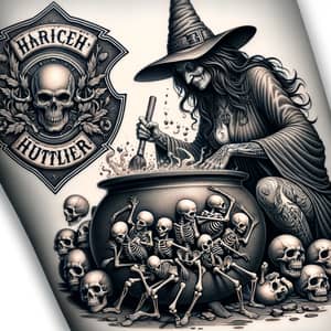 Intriguing Witch Tattoo Design with Skeleton Pot & Harley Emblem