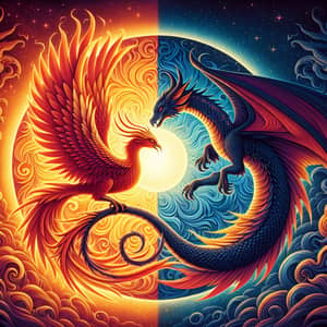 Phoenix and Dragon Embracing - Mythical Unity Symbol