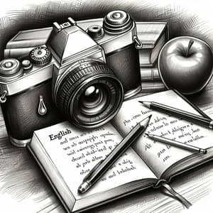 Education and Photography: Camera on Open Book with Apple