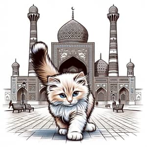 Cute Cat Walking in Uzbekistan with Mosque Background