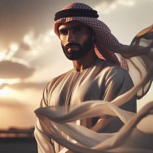 Arabian Man Poised Against a Sunset in Traditional Garb