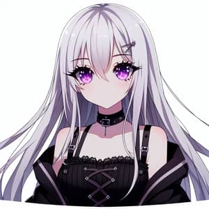 Anime-Style Female Character with Long White Hair and Purple Eyes