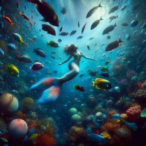 Surreal Underwater Photograph with Mermaid and Tropical Fish