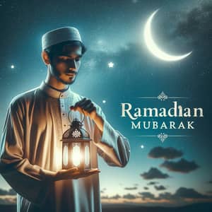 Muslim Man under Starry Sky with Lantern - Ramadan Mubarak