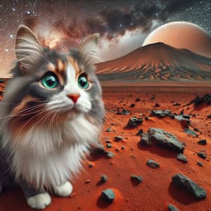 Adventurous Feline on Mars Terrain - Multicolored Cat Exploring Alien Landscape