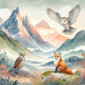 Scandinavian Mountain Range Watercolor Painting with Fox and Owl
