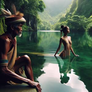 Authentic Encounter: Indigenous Man Watching Native Lady Swim in Philippine Village