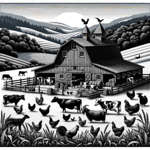 Peaceful Farm Landscape Black & White T-Shirt Design
