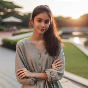 Young South Asian Woman in Casual Dress Relaxing in Park