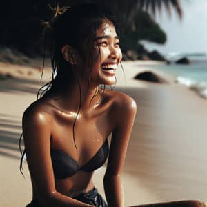 South Asian Girl in Bikini Enjoying Summer Day by the Ocean