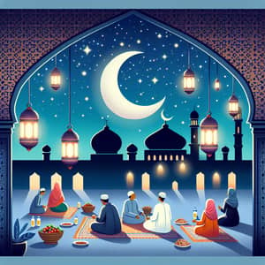 Ramadan Mubarak Scene with Crescent Moon and Lanterns