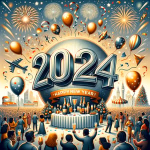 Festive New Year 2024 Celebration Scene | Fireworks, Champagne, Balloons