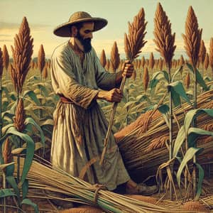 Middle-Eastern Farmer Tending Sorghum in Vast Field
