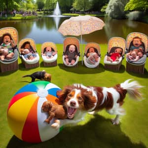 Joyful Kooikerhondje Plays with Diverse Babies by the Lake