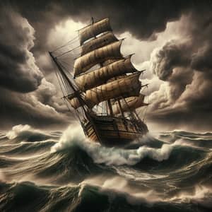 Dramatic Wooden Sailing Ship Battling Stormy Seas