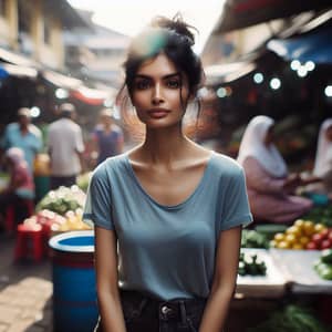 Vibrant South Asian Woman in Crowded Marketplace | Black Jeans, Blue T-shirt