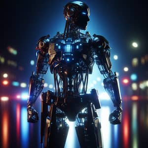 Futuristic Robotic Law Enforcement Officer in Neon City Lights