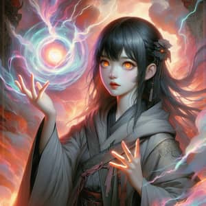 Young Asian Girl Summoning Iridescent Lightning - Dark Fantasy Art