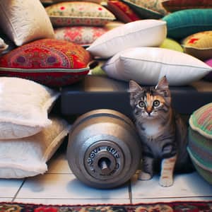 Curious Cat in Colourful Pillow Shop | Soft Pillows & Gym Weight