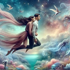 Surreal Fantasy World: Enamored Couple Embracing in Mid-Air