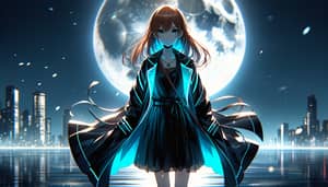 Luminous Cyan Long Jacket-Coat Anime Girl | Moonlight Scene