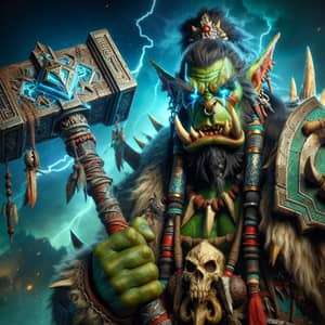 Mystical Orc Shaman with Grand Warhammer in Fantasy Landscape