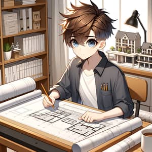 Young Anime Architect Drafting Blueprints | Creative Designs