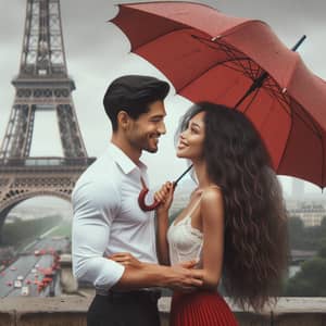 Romantic Couple Under Red Umbrella at Eiffel Tower