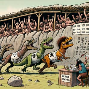 Cartoon T-Rex 100 Sprint Race with Neanderthal Crowd