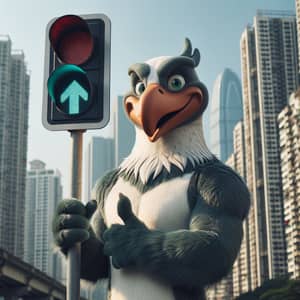 Tall Anthropomorphic Bird in Urban Cityscape with Traffic Signal