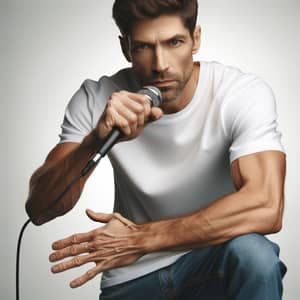 Dynamic Caucasian Male Musician Holding Microphone