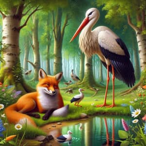 Fox and Stork Fable Scene in Picturesque Forest