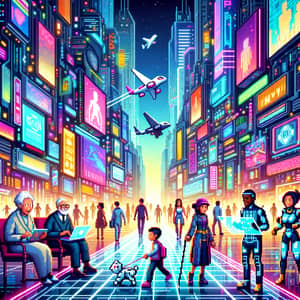 Pixelated Cyber City: Diverse Men and Women in Futuristic Setting