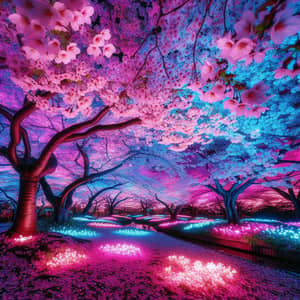 Enchanting Cherry Blossoms Illuminated by Neon Lights
